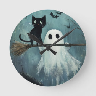 Reloj Redondo Mediano Gato de Halloween y fantasma vuelan en la sala