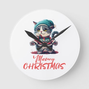 Reloj Redondo Mediano Gato de Navidad