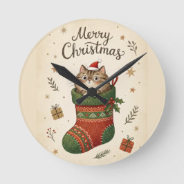 Reloj Redondo Mediano Gato de Navidad en Calcetín