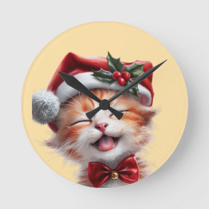 Reloj Redondo Mediano Gato de Navidades cortos con Santa Hat y Bow Tie