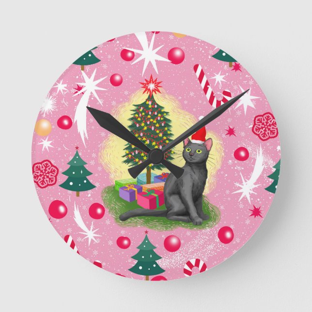 Reloj Redondo Mediano Gato de Navidades rosados (Anverso)