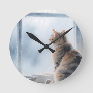 Reloj Redondo Mediano Gato de Tabby de Acuarela de Ventana Lluviosa