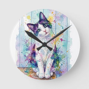 Reloj Redondo Mediano Gato de traje de agua multicolor caprichoso Pos