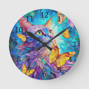 Reloj Redondo Mediano Gato de vidrio templado 730 mariposas amarillas az