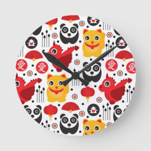 Reloj Redondo Mediano Gato, dragón, y panda afortunados de China