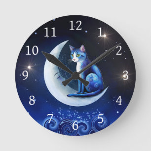 Reloj Redondo Mediano Gato en la luna creciente azul gato 773