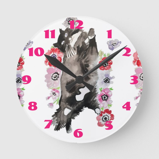 Reloj Redondo Mediano Gato esmoquin Gatos Arte Animal Niño Rosa (Anverso)