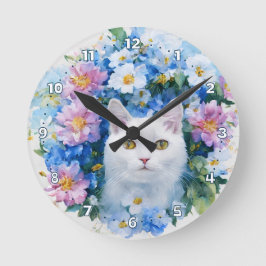 Reloj Redondo Mediano Gato floral elegante, brillante y colorido