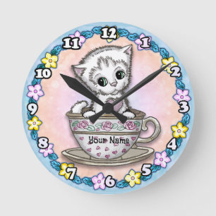 Reloj Redondo Mediano Gato Gatito Taza de Té