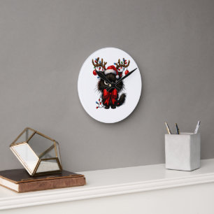 Reloj Redondo Mediano Gato gruñón de Navidad con sombrero de Santa y cue