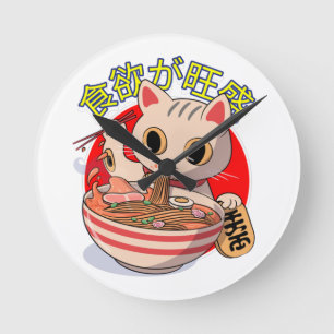 Reloj Redondo Mediano Gato japonés lindo comiendo fideos con palillos