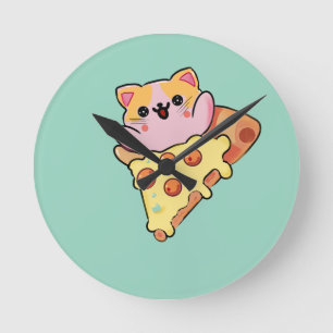 Reloj Redondo Mediano Gato Kawaii Abrazando Pizza de Pepperoni Dibujo An