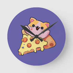 Reloj Redondo Mediano Gato Kawaii Personalizado Abraza Pizza de Pepperon