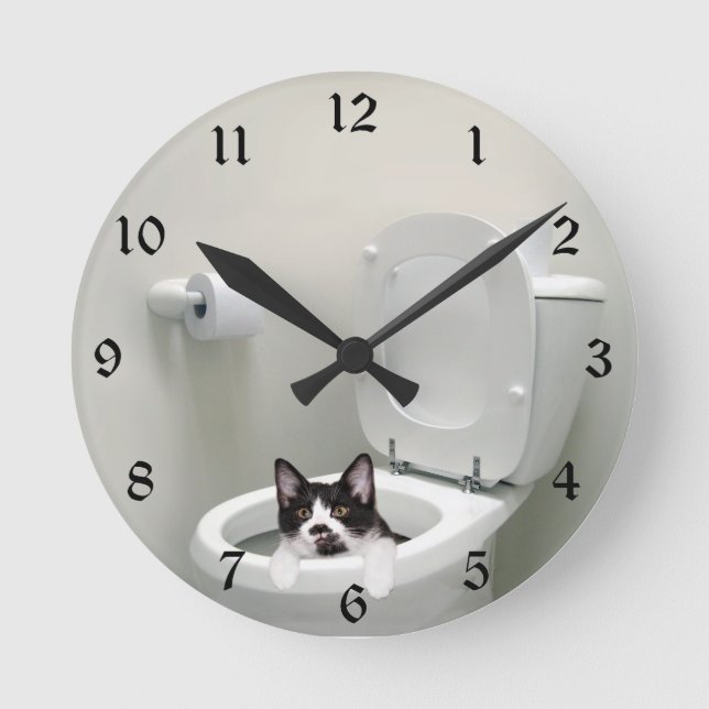 Reloj Redondo Mediano Gato Kitty en el tazón del baño (Anverso)