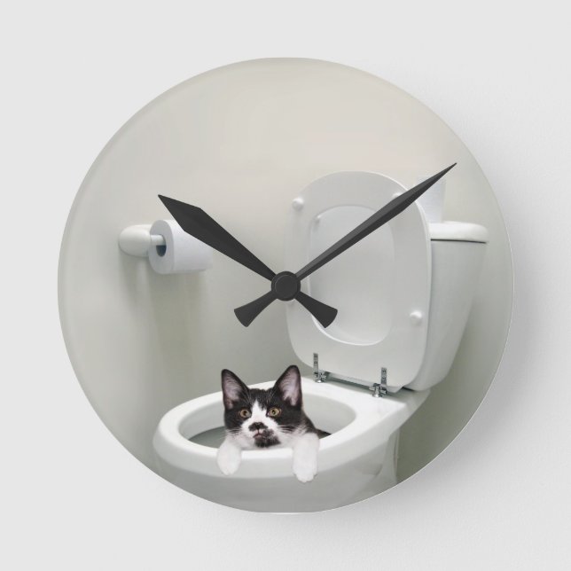 Reloj Redondo Mediano Gato Kitty en el tazón del baño (Anverso)