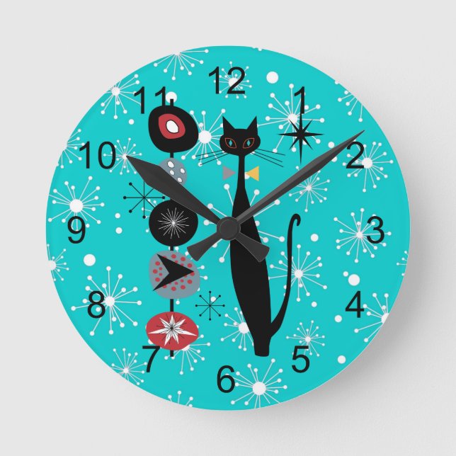 Reloj Redondo Mediano Gato Kitty moderno de la era atómica de mediados d (Anverso)