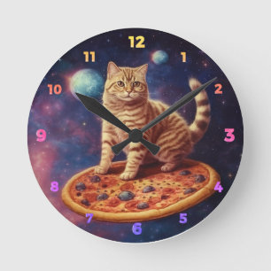 Reloj Redondo Mediano Gato Montando Pizza Galaxia