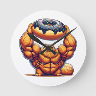 Reloj Redondo Mediano Gato musculoso levantando donut
