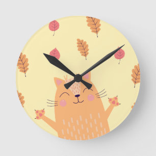Reloj Redondo Mediano Gato naranja jengibre lindo jugando en hojas de ot