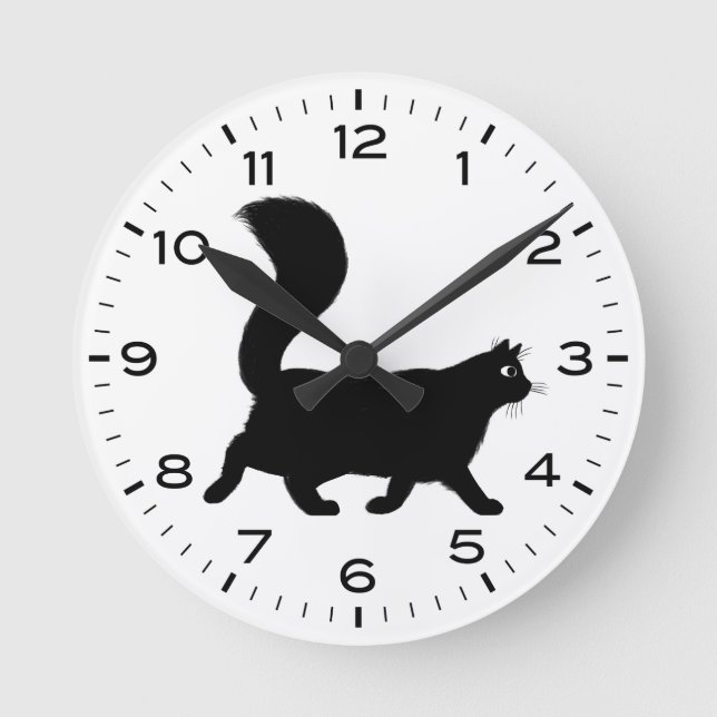 Reloj Redondo Mediano Gato negro con cola fluida (Anverso)
