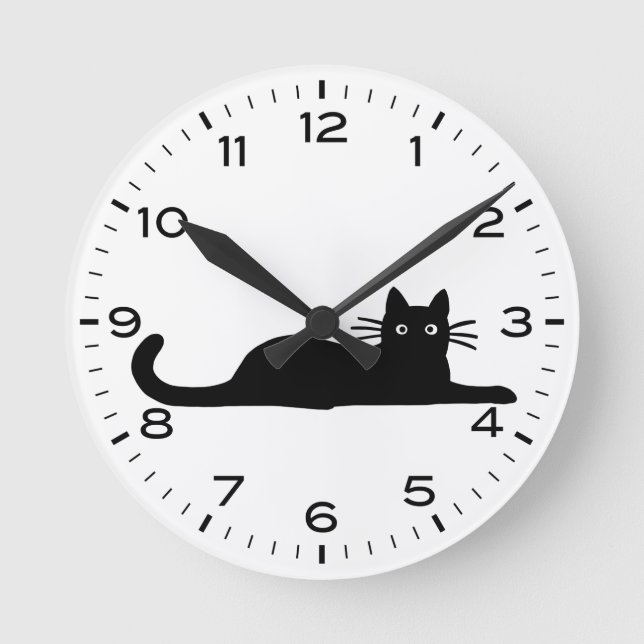 Reloj Redondo Mediano Gato negro con números y minutos (Anverso)