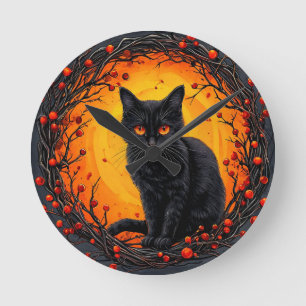 Reloj Redondo Mediano Gato negro de Halloween con ojos brillantes