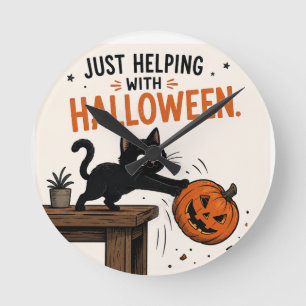Reloj Redondo Mediano Gato negro divertido derribando una calabaza de Ha