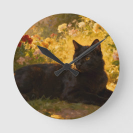Reloj Redondo Mediano Gato Negro en las Flores I