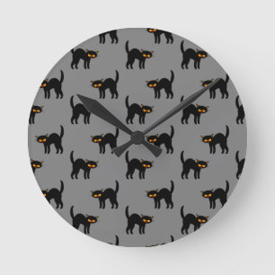 Reloj Redondo Mediano Gato negro enojado ojos amarillos gris Halloween