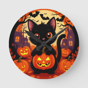 Reloj Redondo Mediano Gato negro lindo con calabazas de Halloween