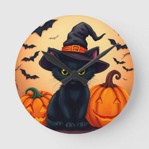 Reloj Redondo Mediano Gato negro lindo con sombrero de bruja rodeado de