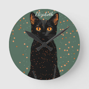 Reloj Redondo Mediano Gato negro místico con ojos Naranjas y Purpurina