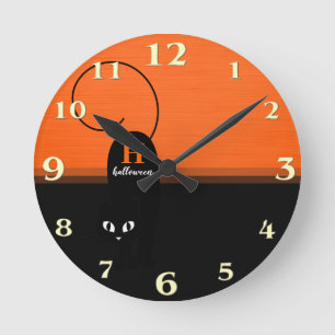 Reloj Redondo Mediano Gato negro naranja de Halloween de dos tonos