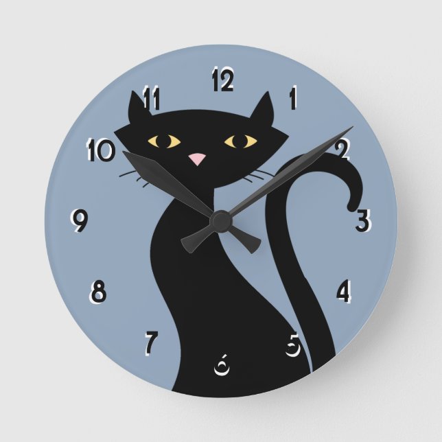 Reloj Redondo Mediano Gato negro retro azul (Anverso)