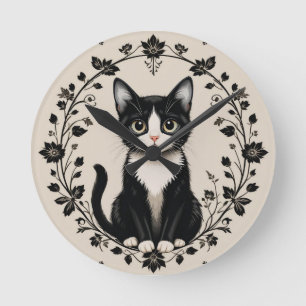 Reloj Redondo Mediano Gato negro y blanco elegante