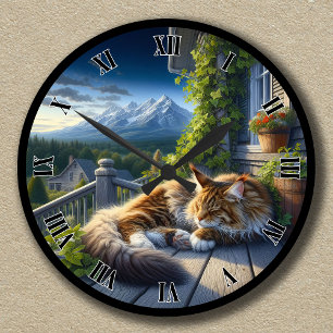Reloj Redondo Mediano Gato personalizable tranquilo en un porche de mont