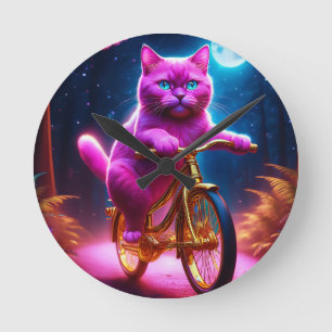 Reloj Redondo Mediano Gato Rosa En Un Sendero Escenario De Bicicleta Dor