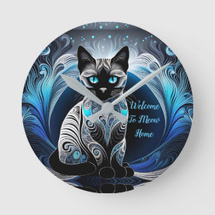 Reloj Redondo Mediano Gato siamés, abstracto azul y blanco negro