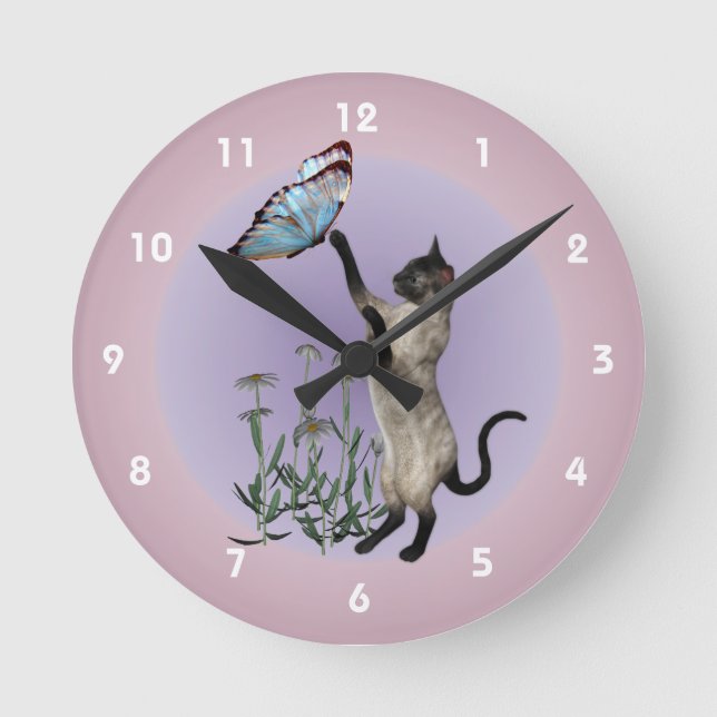 Reloj Redondo Mediano Gato siamés con animal de mariposa azul (Anverso)