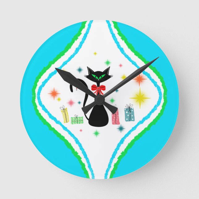 Reloj Redondo Mediano Gato siamés retro de Navidad (Anverso)