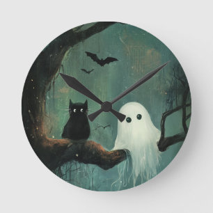 Reloj Redondo Mediano Gato y fantasma de Halloween