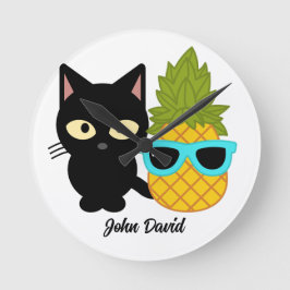 Reloj Redondo Mediano gato y piña son mejores amigos, personalizar