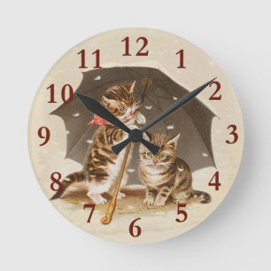 Reloj Redondo Mediano Gatos antiguos bajo paraguas arte de gato antiguo