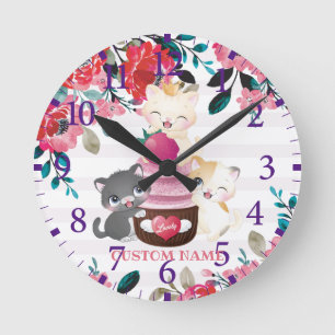 Reloj Redondo Mediano Gatos de dibujos animados florales caprichosos Cup
