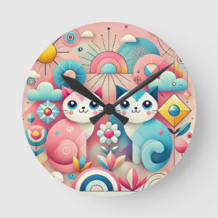 Reloj Redondo Mediano Gatos de dibujos animados lindos en un escenario n