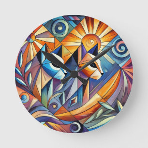 Reloj Redondo Mediano Gatos Geométricos Abstractos con Colores Vibrantes