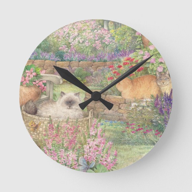Reloj Redondo Mediano Gatos ilustrados en el jardín (Anverso)