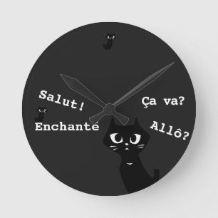 Reloj Redondo Mediano Gatos negros afortunados saludando en francés