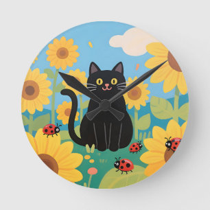 Reloj Redondo Mediano Gatos negros Girasoles Mariquitas