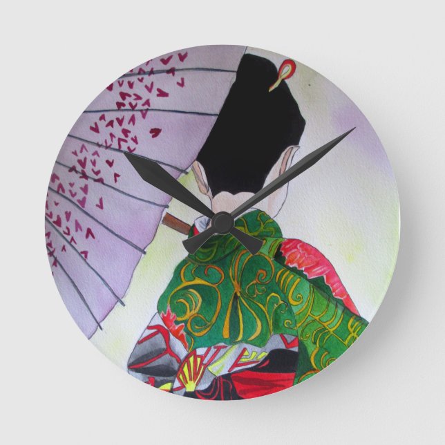 Reloj Redondo Mediano Geisha japonesa con kimono y paraguas (Anverso)